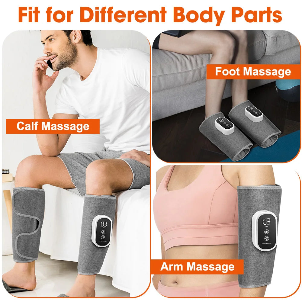 Ein Set grauer elektrischer Luftkompressions-Bein- und Armmassager auf einem Männerbein und Arm.