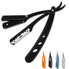 A black manual straight edge shaver kit with multiple blades and a handle shown against a white background.