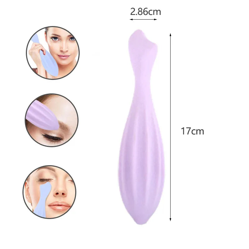 A light purple silicone gua sha roller for facial massage and contouring shown in various angles.
