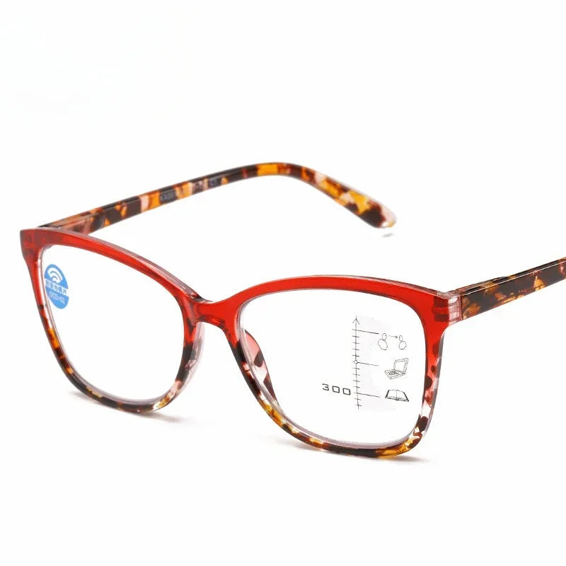 A pair of tortoiseshell progressive multifocal reading glasses with anti-blue light protection.