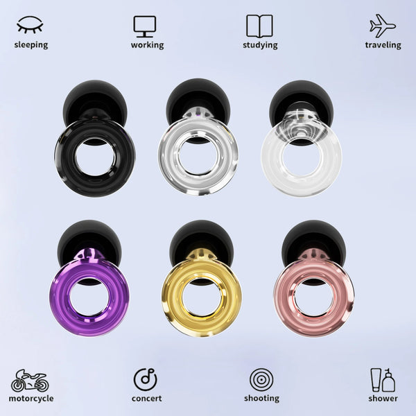 A collection of reusable high-fidelity earplugs in black, clear, purple, gold, and pink, shown with various activity icons.