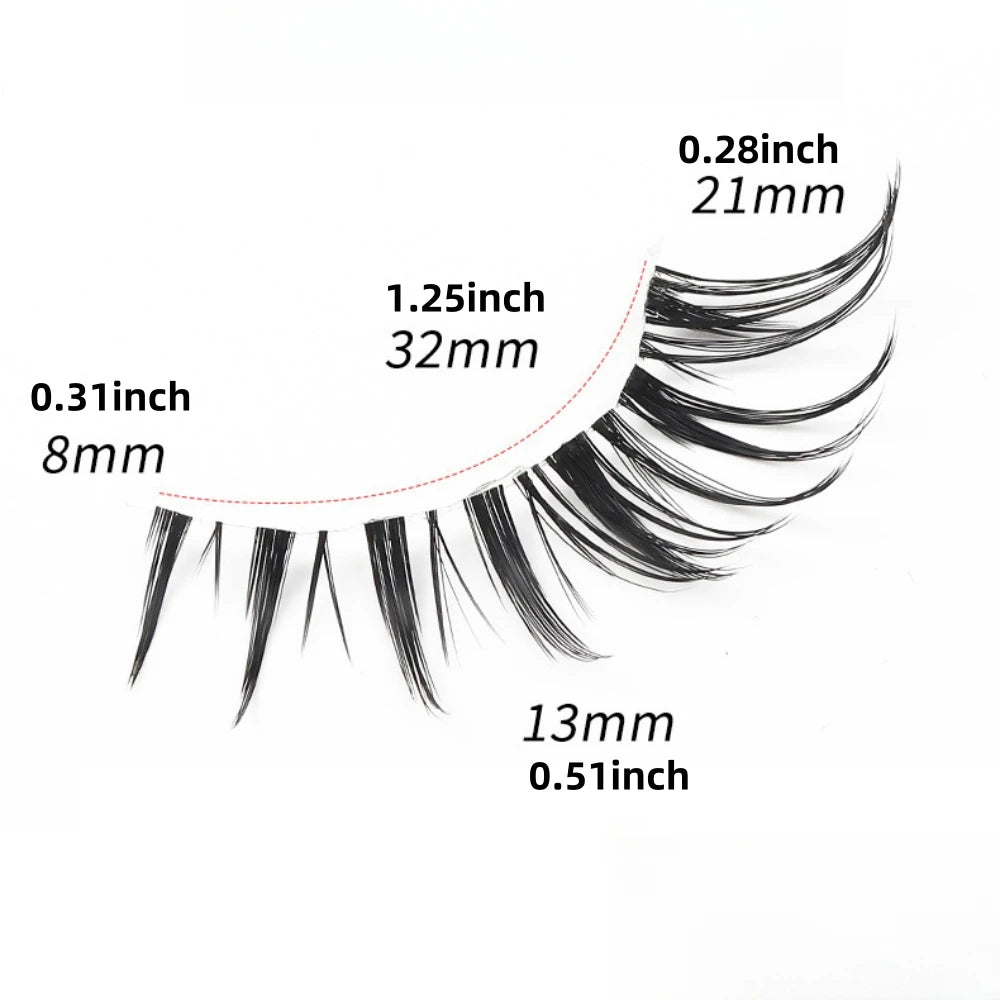Un ensemble de faux cils en forme de chat œil de couleur rose, montrant différentes longueurs et mesures.