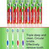 A package of Colgate triple deep and clean toothbrushes with circular bristles shown in various colors.