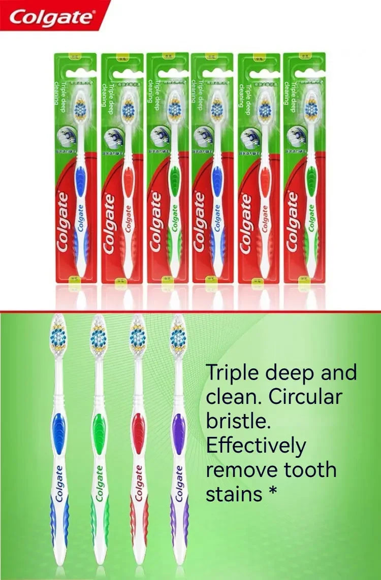 A package of Colgate triple deep and clean toothbrushes with circular bristles shown in various colors.