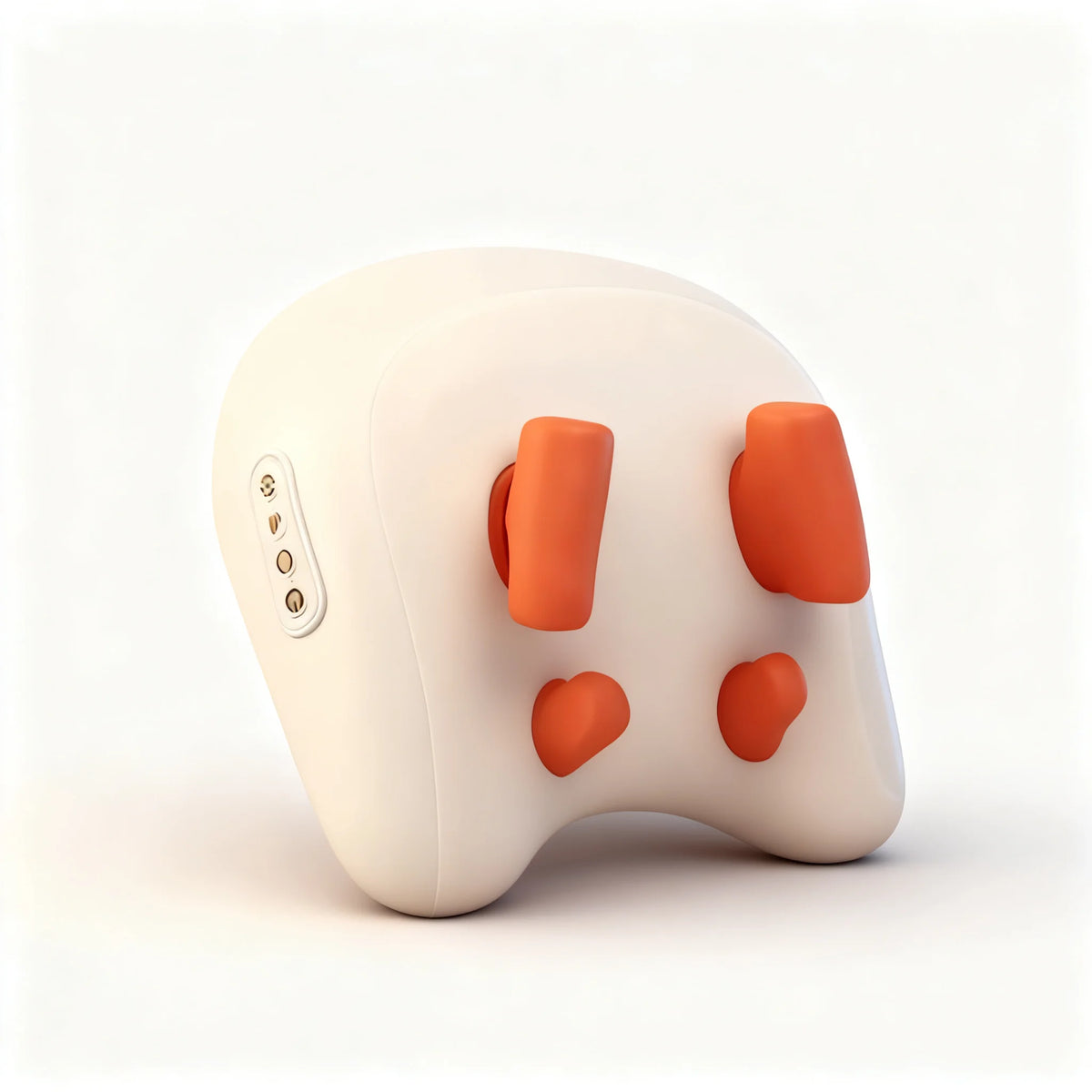 A beige portable shiatsu neck massager pillow with orange, rounded protrusions on the face.