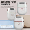 A white electric foot grinder device shown in various angles with a beige background.