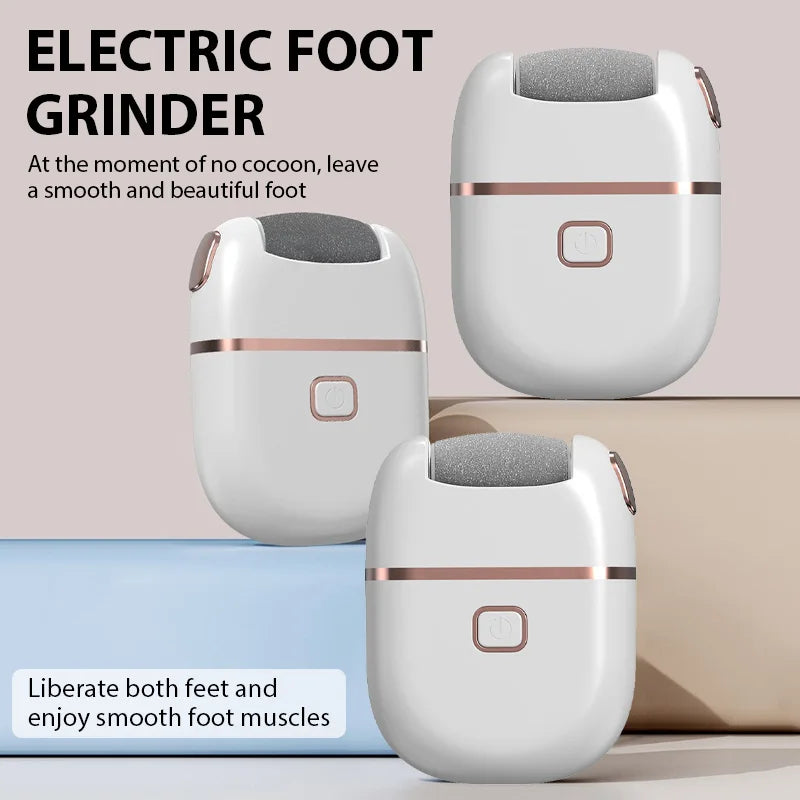 A white electric foot grinder device shown in various angles with a beige background.
