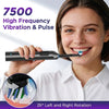 A woman holds a black electric toothbrush, demonstrating its high frequency vibration and pulse feature.