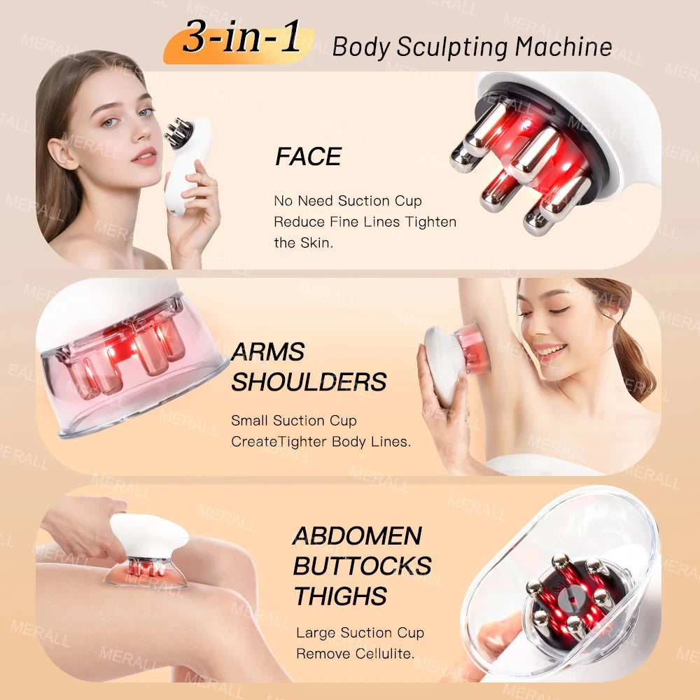 A 3-in-1 body sculpting machine showing facial, arm, and abdomen massage tools for tightening skin and removing cellulite.