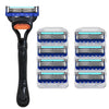 A reusable stainless steel shaver with a black handle and multiple interchangeable shaving heads.