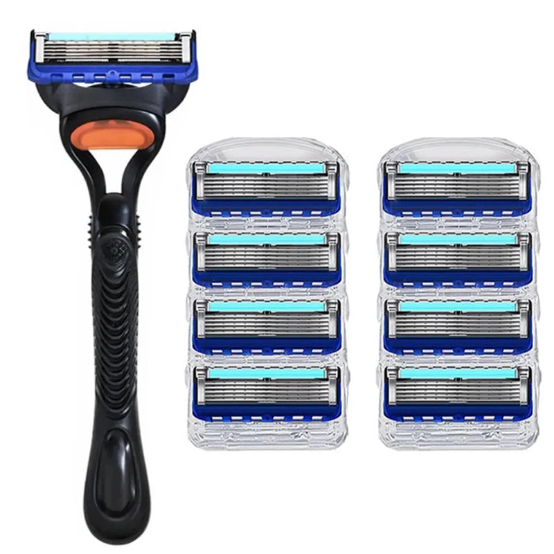 A reusable stainless steel shaver with a black handle and multiple interchangeable shaving heads.