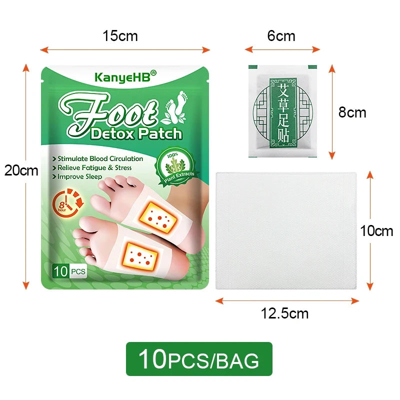 A package of KanyeHB Detox Foot Patches showing the product size and usage instructions.