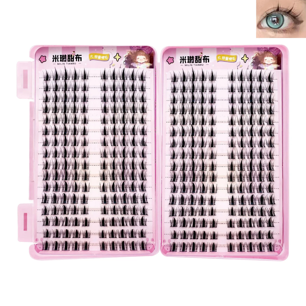 A pink eyelash tray with 32 pairs of black false eyelashes for application.