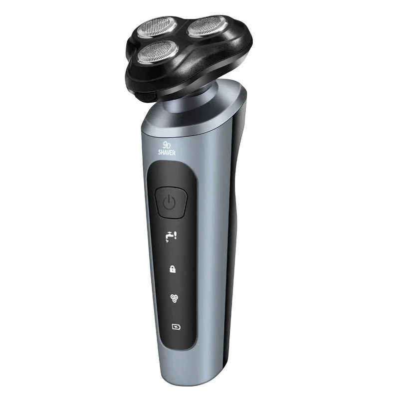 A silver 9-in-1 electric shaver and trimmer with a textured head and control buttons.