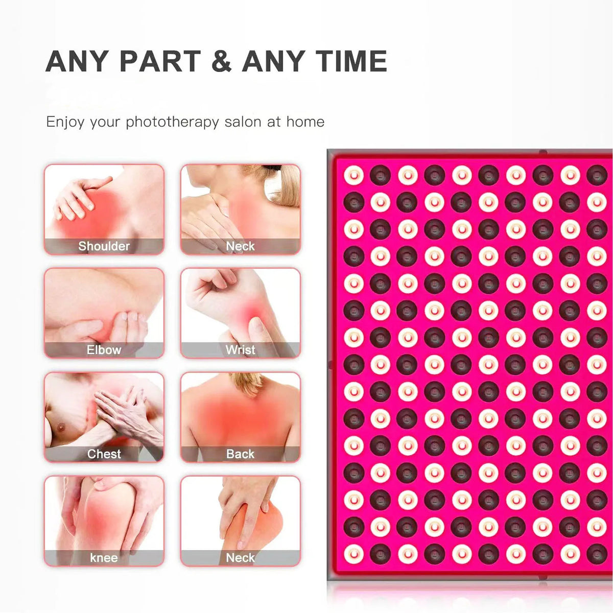 Panel de fototerapia LED rosa rojo con múltiples emisores de luz circulares para uso doméstico.