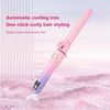 A pink automatic curling iron is shown against a soft pink background, demonstrating one-click curly hair styling.