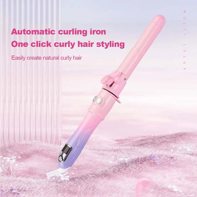 A pink automatic curling iron is shown against a soft pink background with wispy hair.
