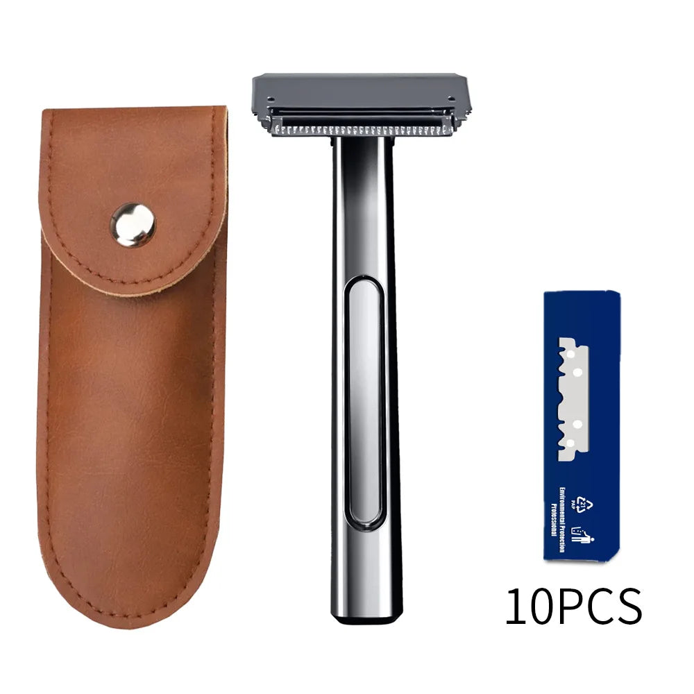 A set of ten double-edge safety razor components including a handle and blade.