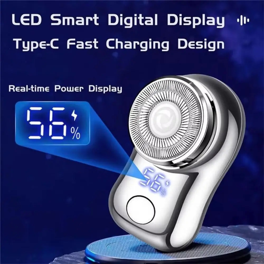 A close-up of a silver LED smart digital display on a cordless electric beard trimmer shaver showing 56% battery charge.