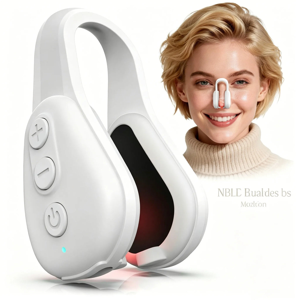 A white electric silicone nose shaper and lifter device shown next to a smiling woman.