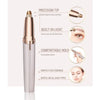 A silver precision electric eyebrow trimmer shown with features like a precision tip, built-in light, comfortable hold, and s