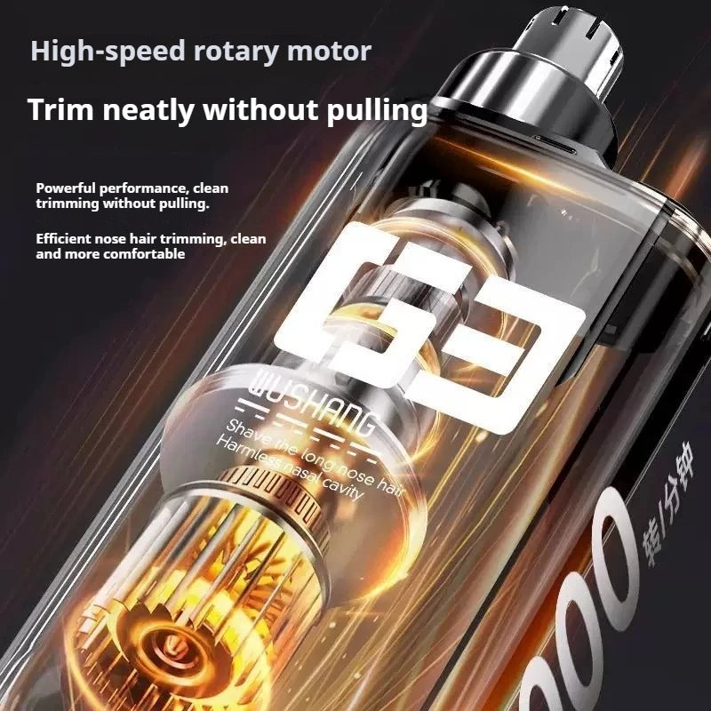 A close-up of a high-speed rotary motor electric nose and ear hair trimmer with a metallic finish.