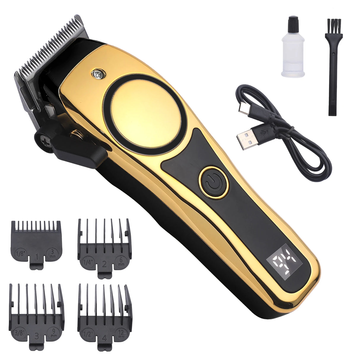 A professional LCD hair clipper set featuring a gold and black body, various guard attachments, and a charging cable.