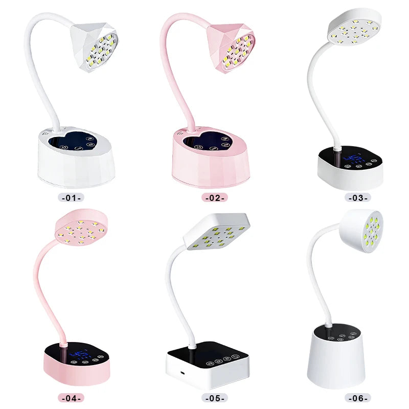 A series of six professional UV LED nail lamps shown in various angles and colors.