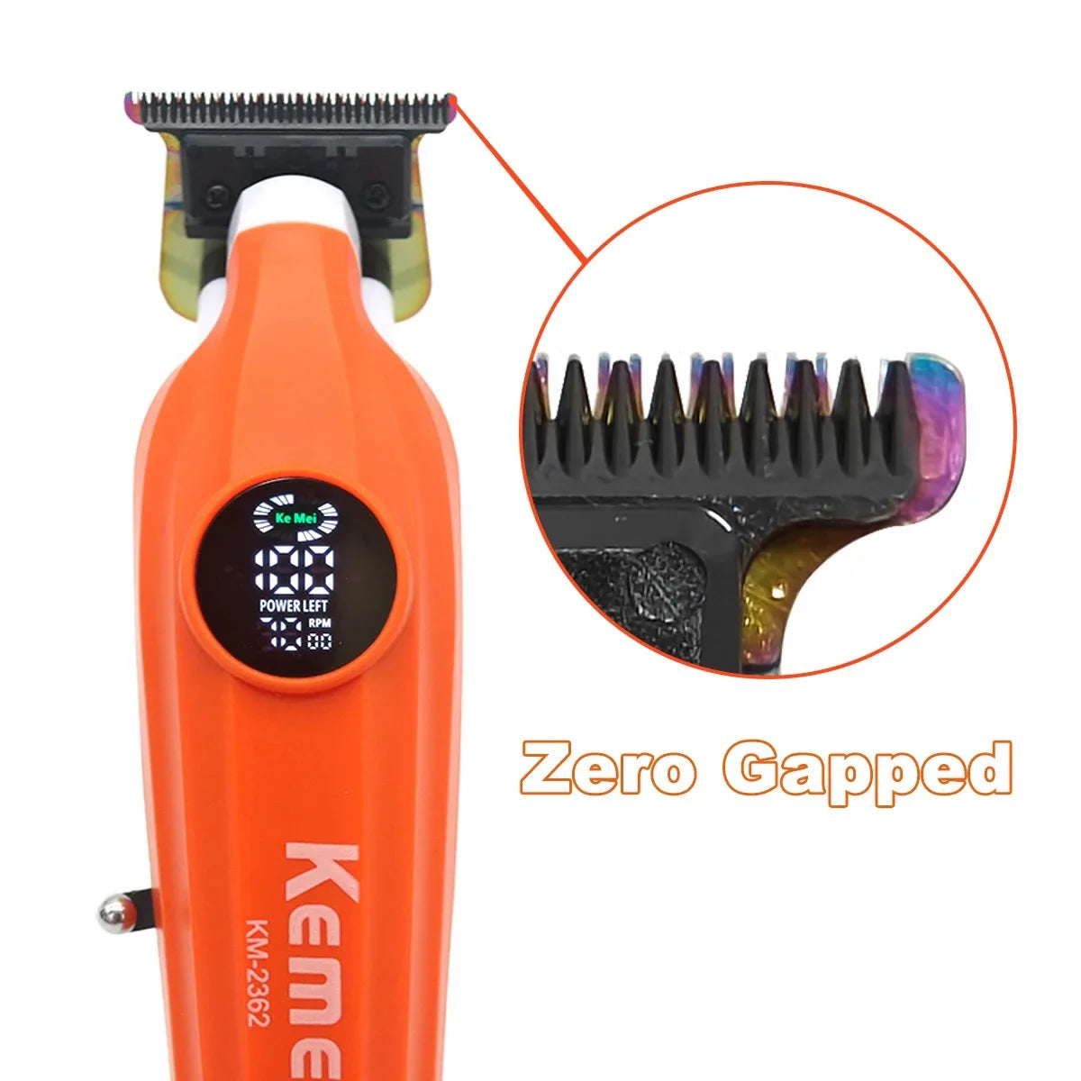 Oranger professioneller Haartrimmer mit Nahaufnahme des Null-Spalt-Schnittpinsels.