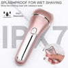 A pink electric shaver with a trimming head is shown, demonstrating its IPX7 washable feature.