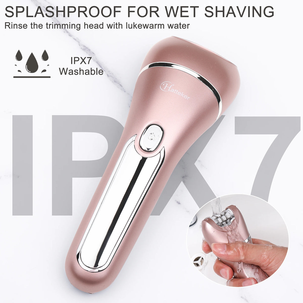 A pink electric shaver with a trimming head is shown, demonstrating its IPX7 washable feature.