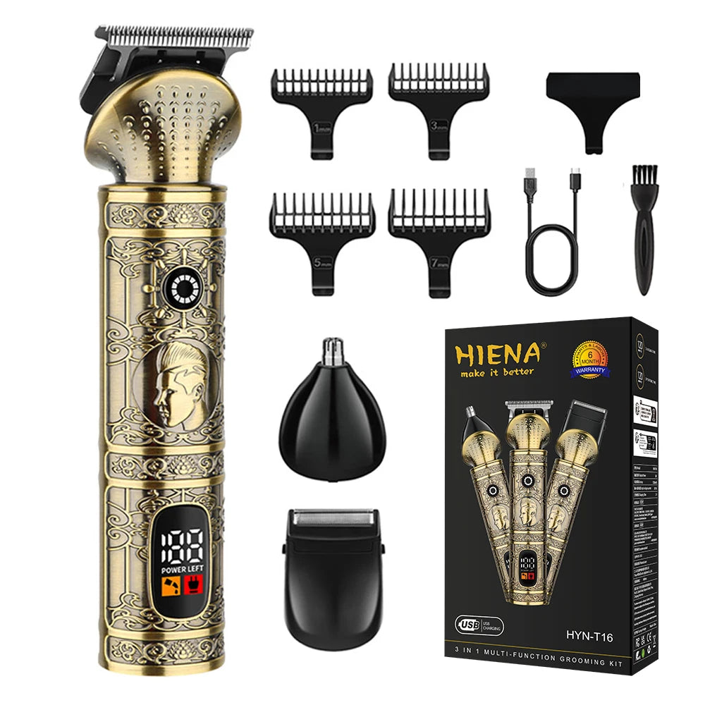 A set of professional rotary hair trimmers and grooming kits in gold and black.
