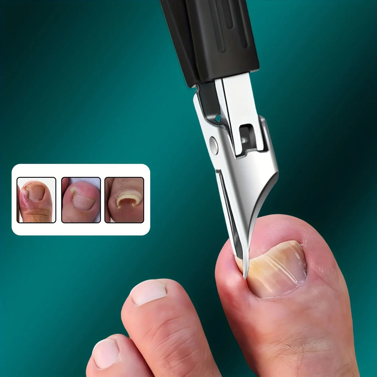 A hand is using a precision stainless steel nail clipper to trim a toenail.