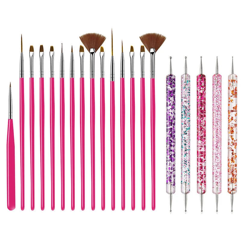A set of precision nail art brushes with various shapes and sizes, including a collection of pink and purple brushes.