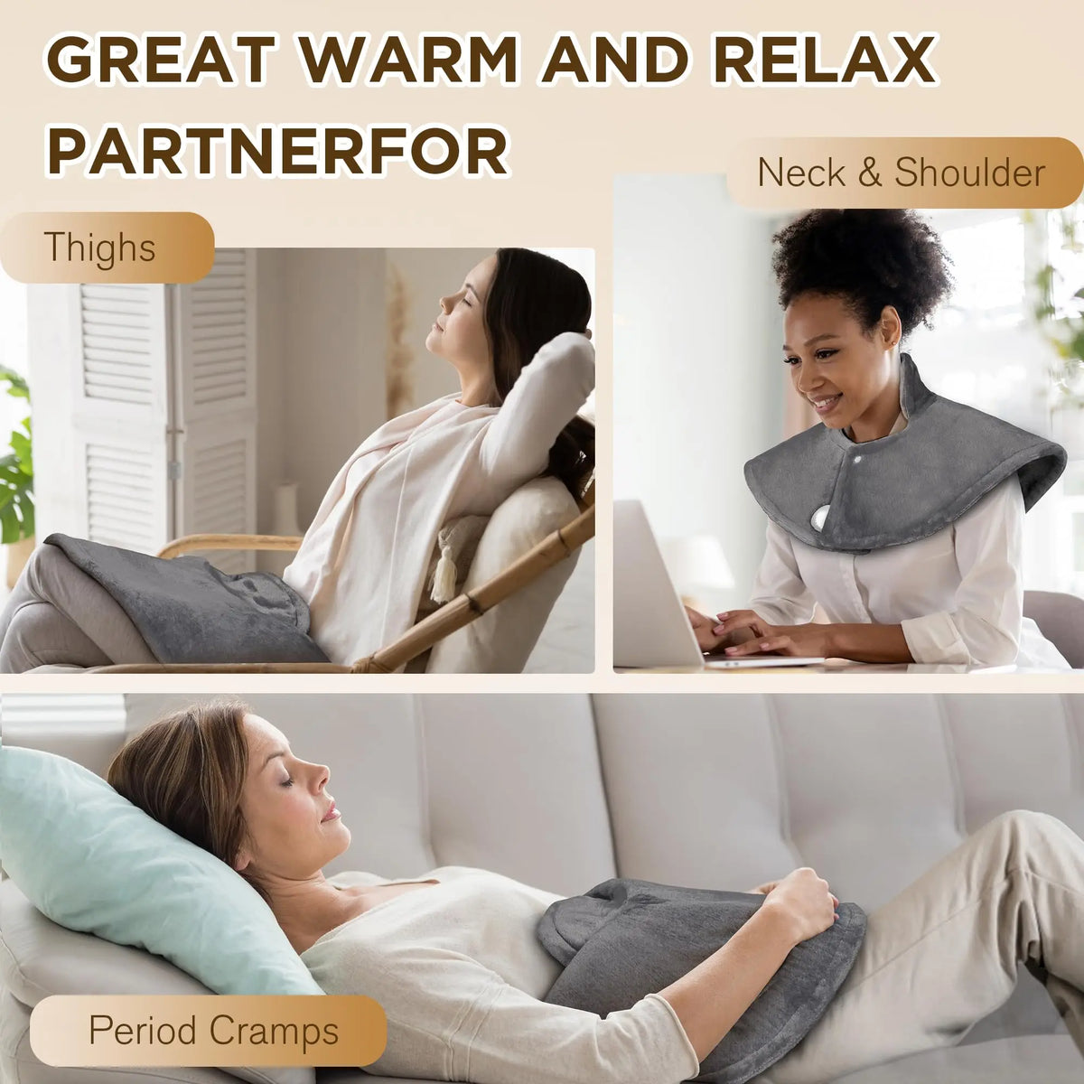 A woman is using an electric heated neck and shoulder massager for relief from pain.