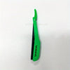 A green folding shaving razor with a black handle and silver clip.