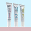 Trois tubes de lotion pour soulever, numérotés 1, 2 et 3, sont présentés sur un fond bleu clair.