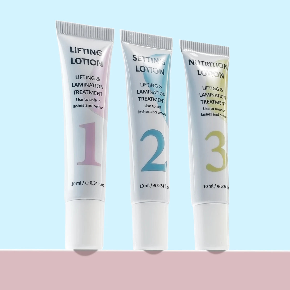 Trois tubes de lotion pour soulever, numérotés 1, 2 et 3, sont présentés sur un fond bleu clair.