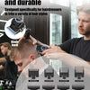 A close-up of a professional electric hair clipper set with various guard attachments being used on a man's haircut.