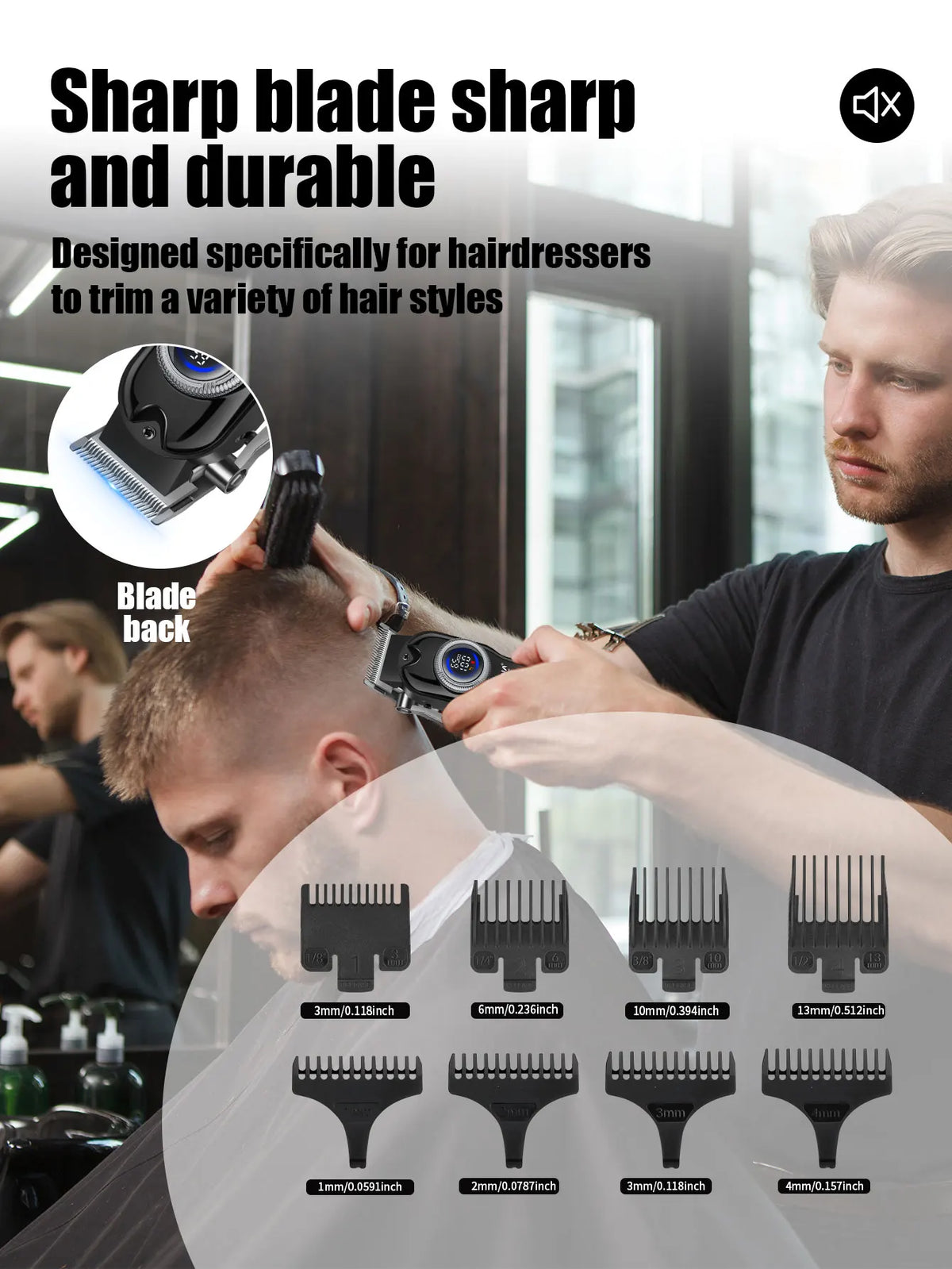 A close-up of a professional electric hair clipper set with various guard attachments being used on a man's haircut.