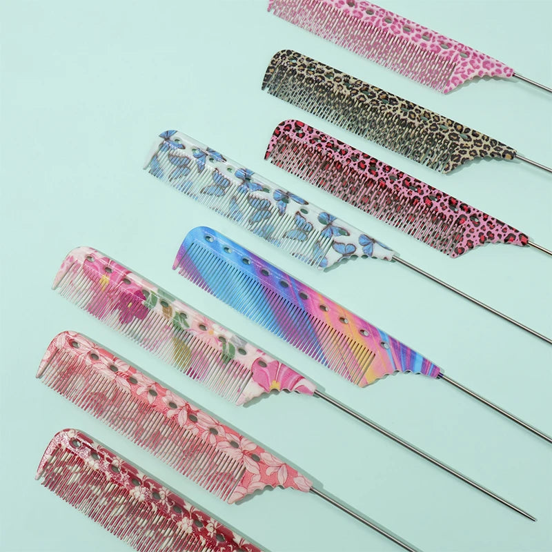 A collection of anti-static rat tail combs in various patterns including leopard print, floral designs, and solid colors.