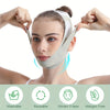 A woman is wearing a beige V-Line facial lifting band on her face, demonstrating its use.