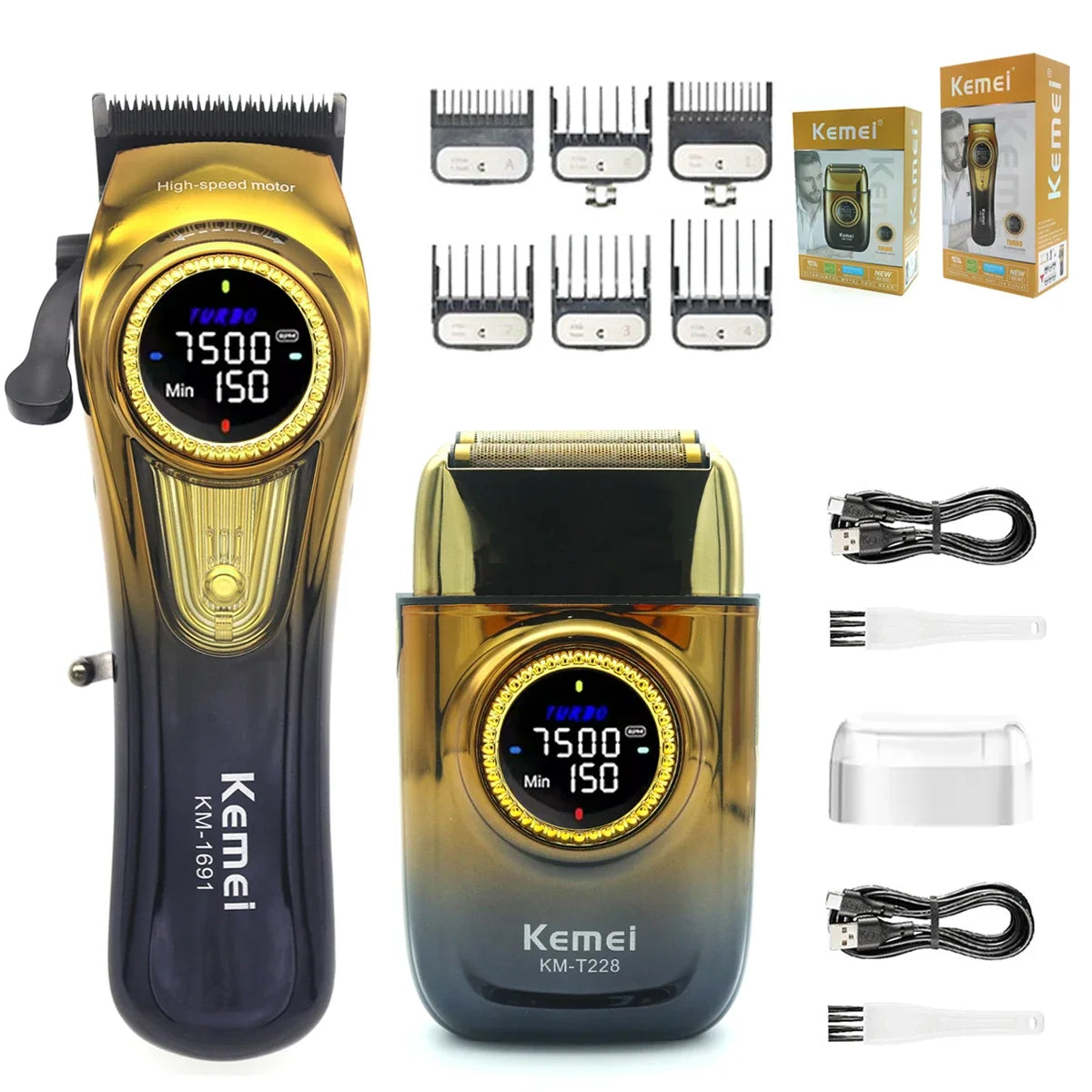 A Kemel cordless hair clipper kit showing the main unit, various attachments, and charging cables.