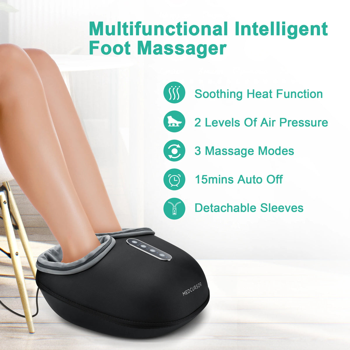 A black multifunctional intelligent foot massager with detachable sleeves resting on a white surface.