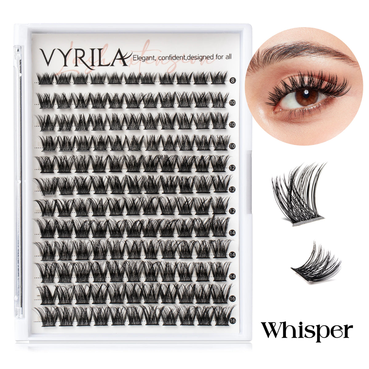 A display of Vyrila Whisper ultra-fine eyelash clusters for eye lash extensions.