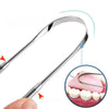 A stainless steel tongue scraper set is shown with a piece being used to clean teeth.