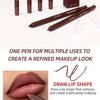 A set of brown lip liner pencils and a brush demonstrating how to draw a lip shape for makeup.