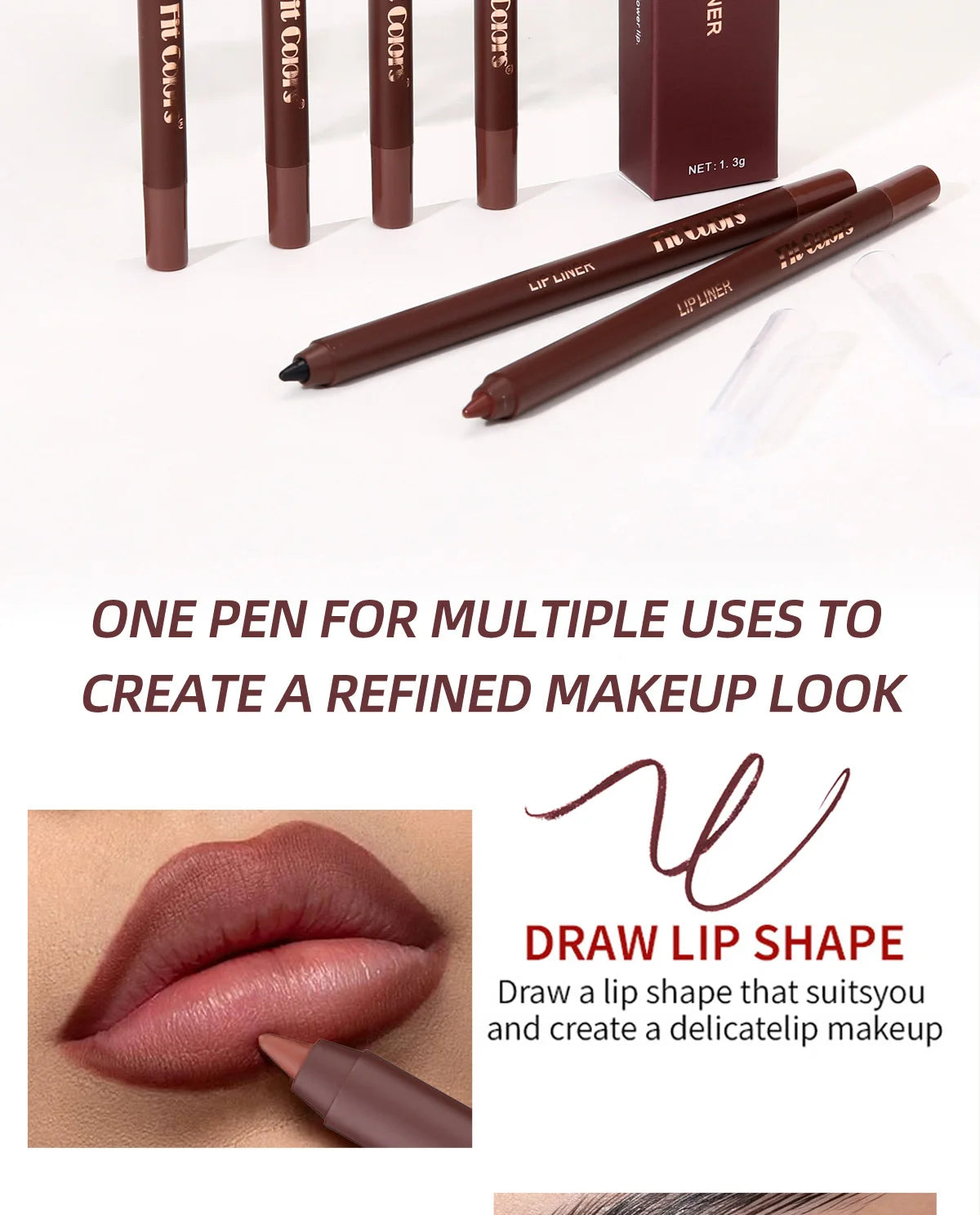 A set of brown lip liner pencils and a brush demonstrating how to draw a lip shape for makeup.