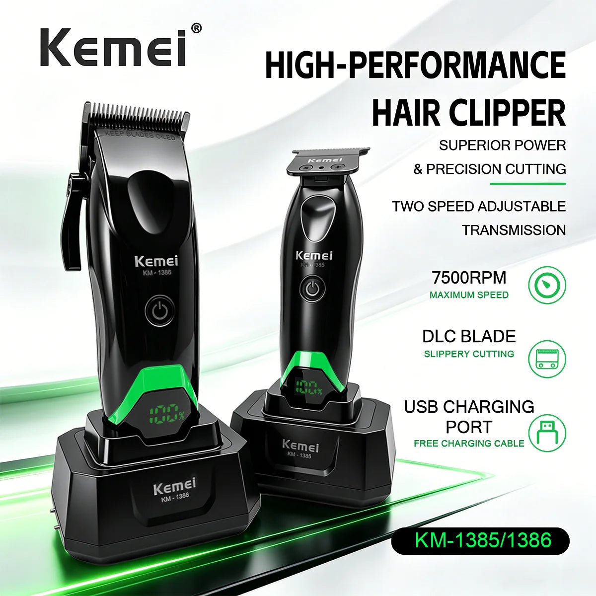 Black Kemei high-performance hair clipper with green accents and charging port shown on a green surface.
