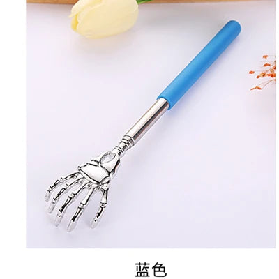 A blue stainless steel telescopic back scratcher with a retractable handle is shown on a white background.